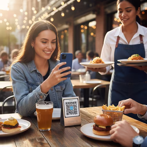 Customer scanning QR code at restaurant table